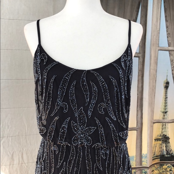 Adrianna Papell Mesh Floral Beaded Sheath Midnight - Picture 2 of 8